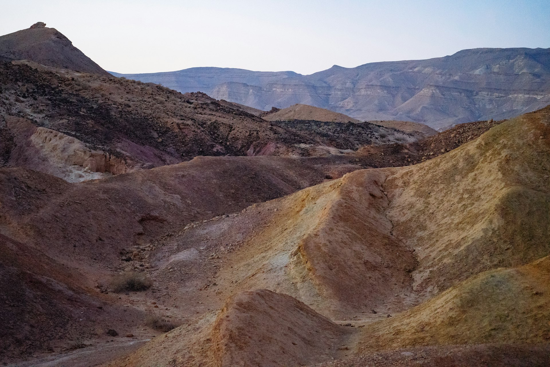 Camper van parked among badlands and ocotillo in Anza-Borrego Desert State Park at sunset